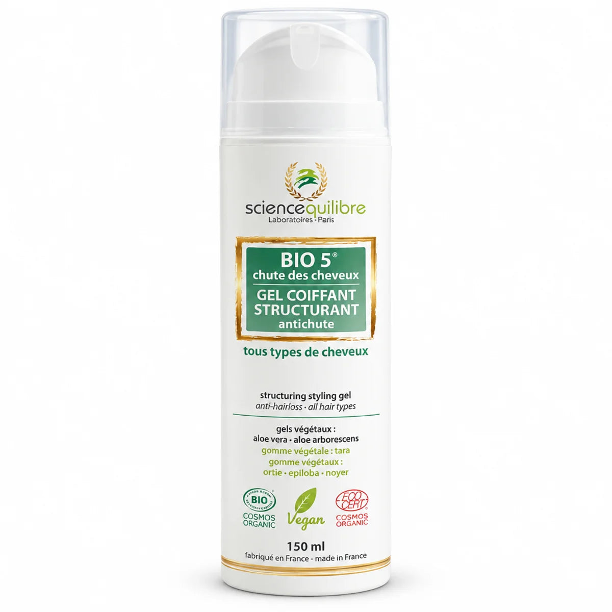BIO 5 Gel Coiffant Antichute 150ml flacon blanc et or Science et Équilibre