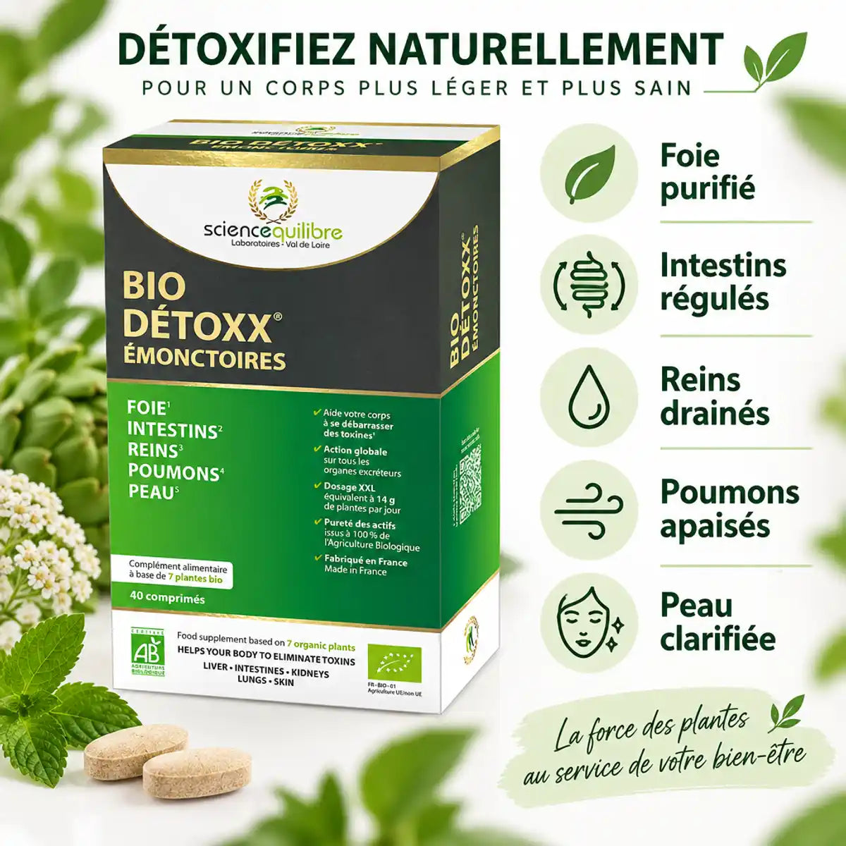 BIO DÉTOXX émonctoires cure détox 10 jours avec 5 bénéfices santé : foie, intestins, reins, poumons, peau