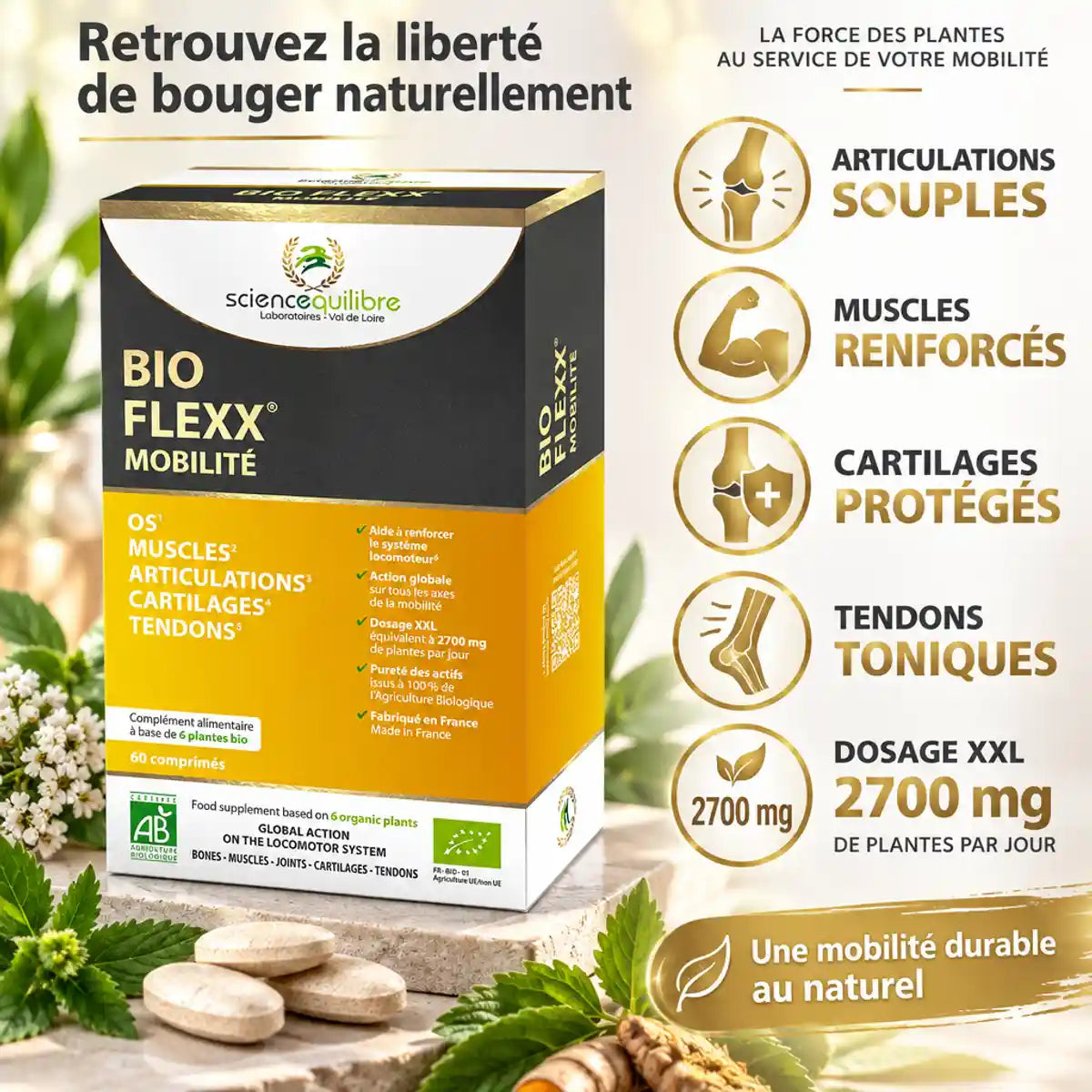 BIO FLEXX Mobilité 60 comprimés - Packaging avec bénéfices articulations, muscles et cartilage