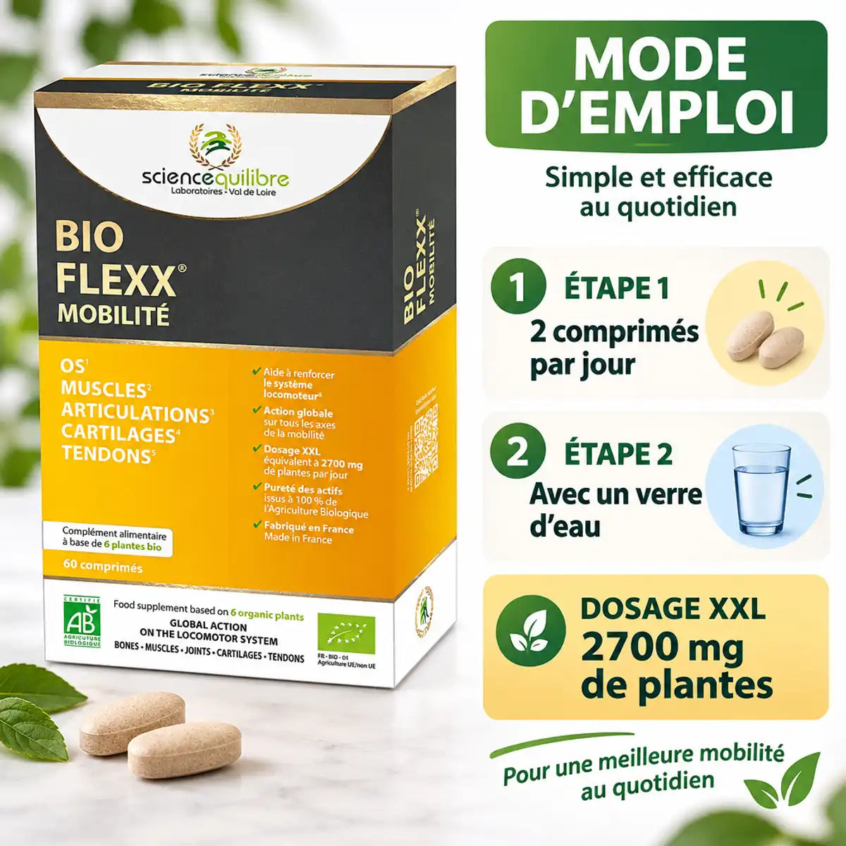 BIO FLEXX Mobilité 60 comprimés avec mode d'emploi et dosage 2700 mg de plantes