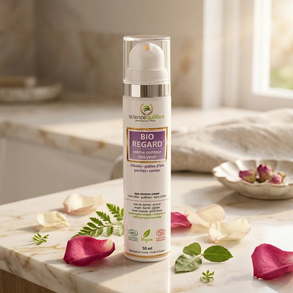 BIO REGARD Crème Contour des Yeux 50ml sur marbre avec pétales de rose et éléments botaniques