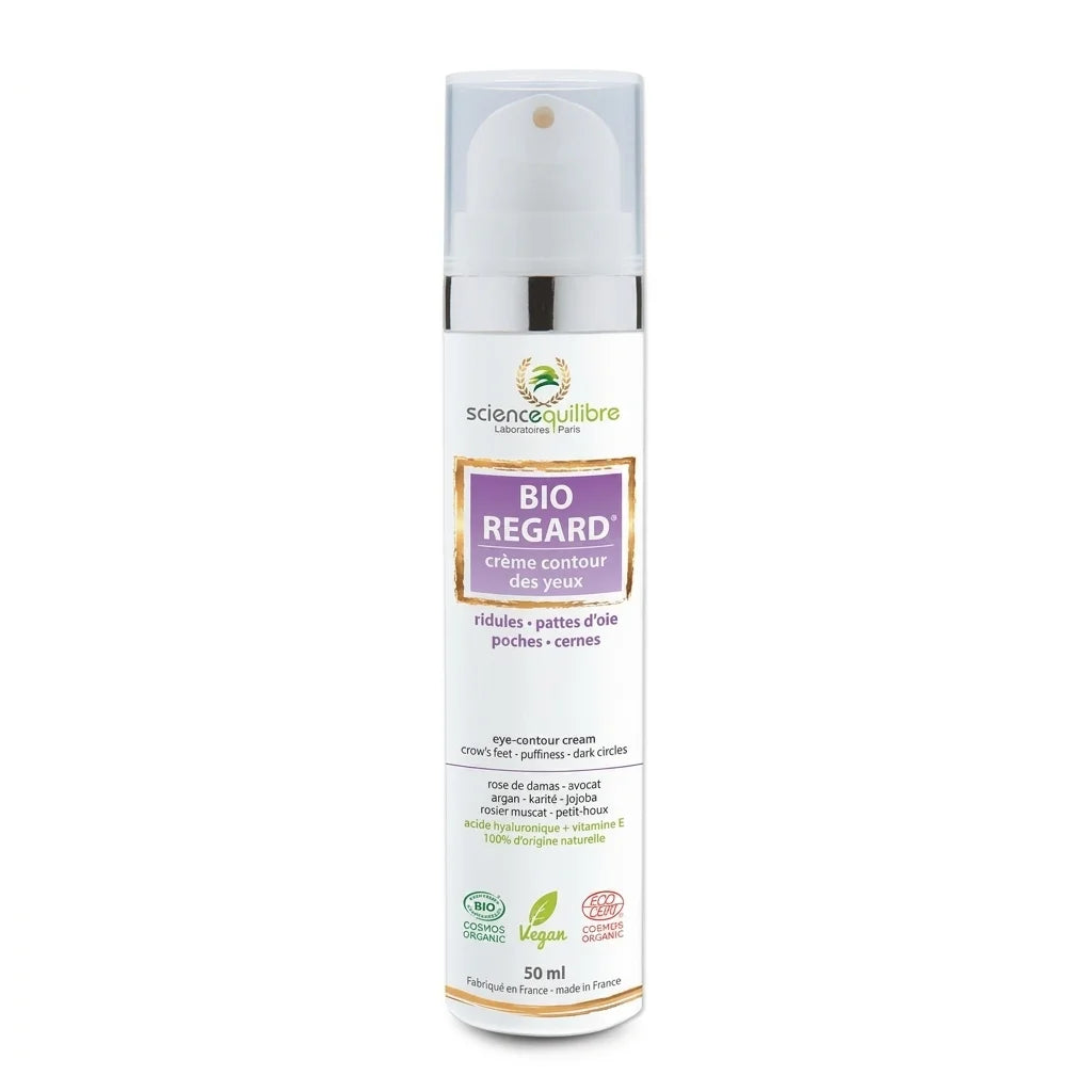 Crème Contour des Yeux BIO REGARD 50ml flacon pompe blanc avec étiquette dorée