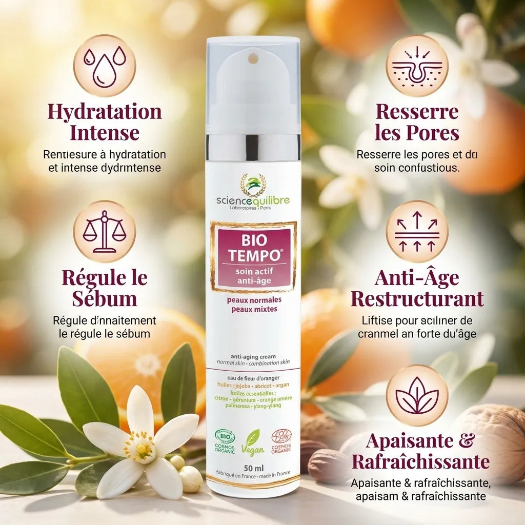 BIO TEMPO soin anti-âge bio 50ml avec bénéfices : hydratation, resserre pores, régule sébum, restructurant
