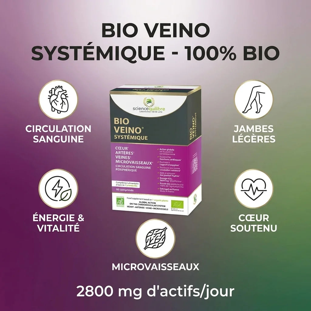 BIO VEINO systémique 60 comprimés avec icônes circulation sanguine, jambes légères, énergie et vitalité