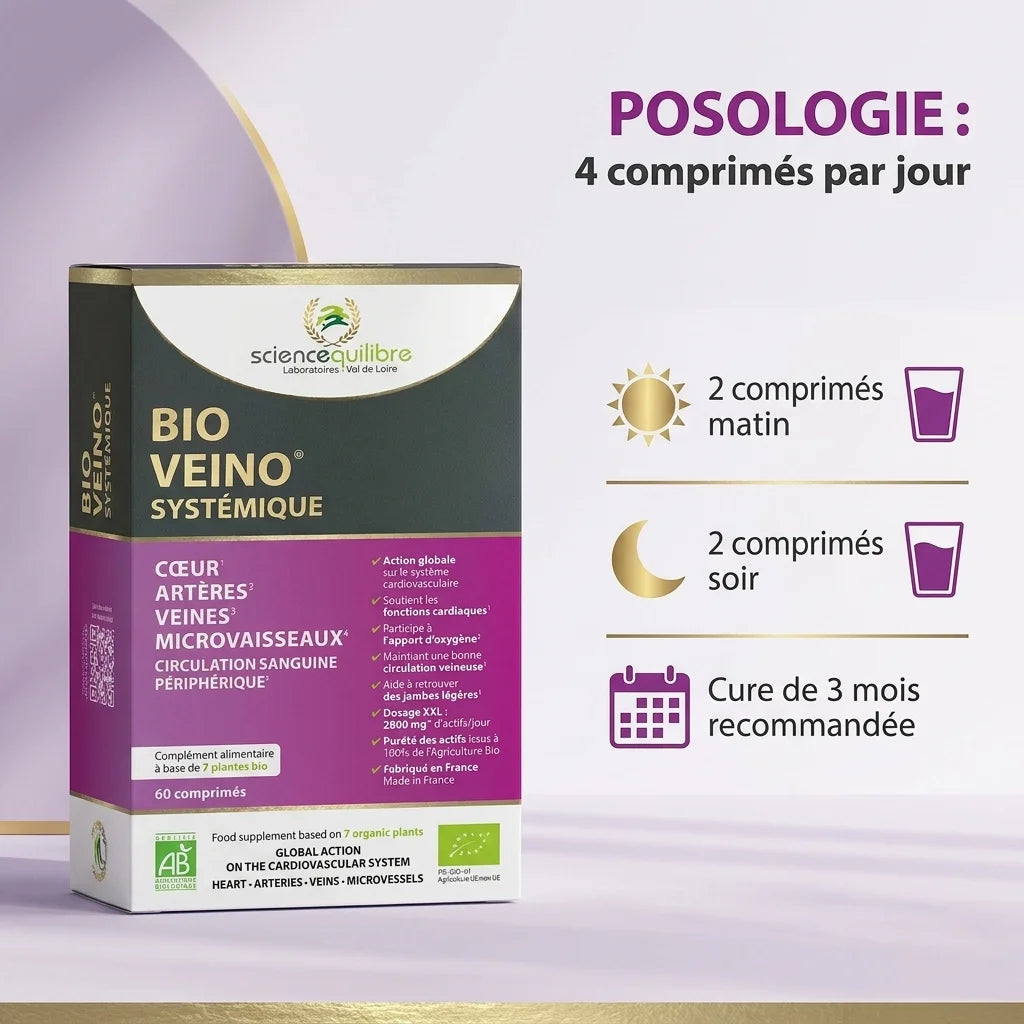 BIO VEINO Systémique 60 comprimés avec posologie 4 par jour et cure 3 mois recommandée