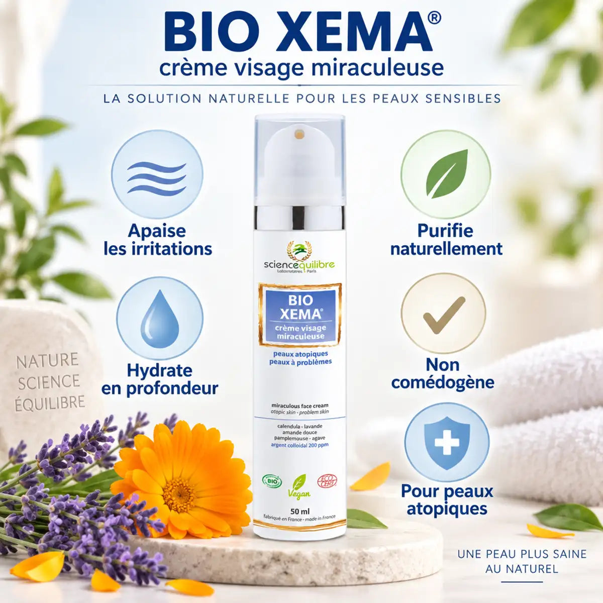 BIO XEMA Crème Visage 50ml avec icônes bénéfices : hydratation, apaisement, purification naturelle
