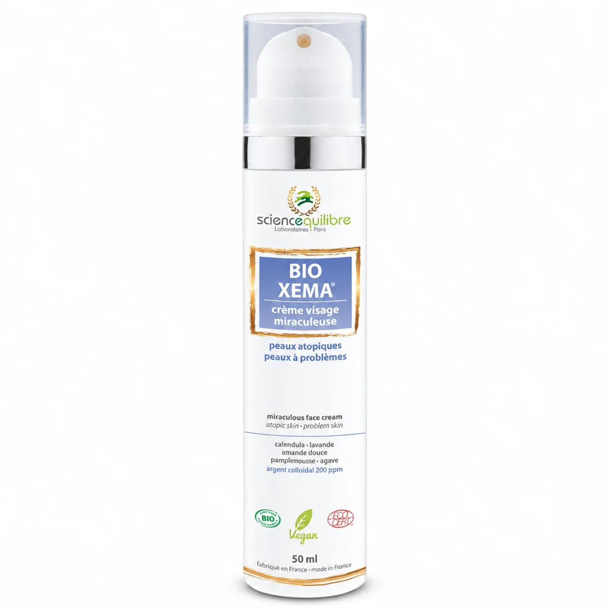 BIO XEMA Crème Miraculeuse Visage 50ml flacon blanc avec pompe et label bleu sur fond blanc