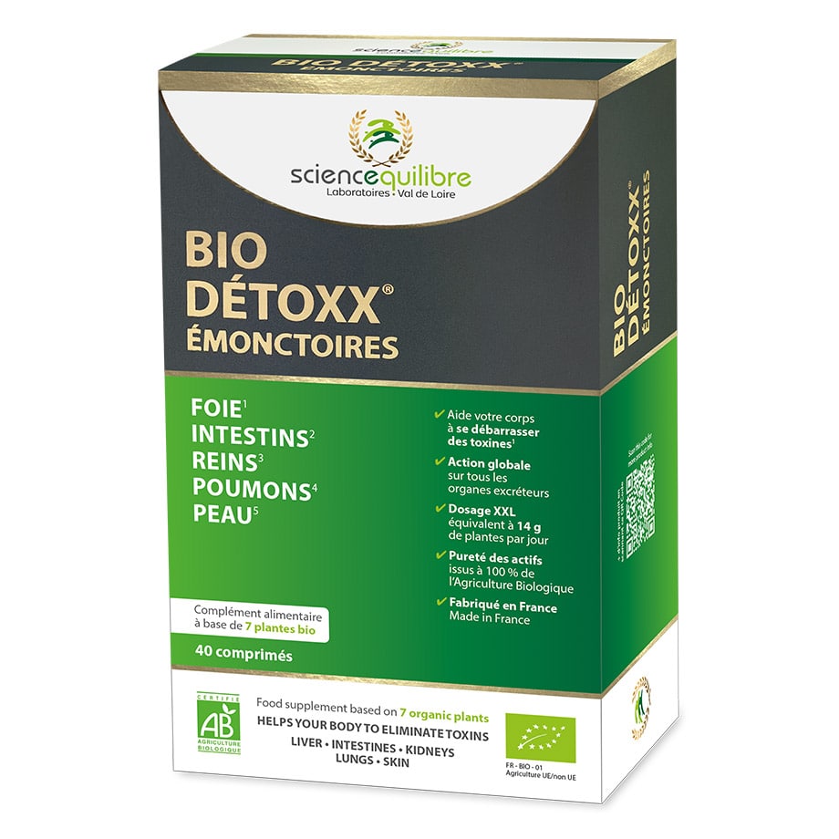 Une boite de 40 comprimés (soit une cure détox 10 jours) de BIO DÉTOXX émonctoires de la marque Science et Équilibre