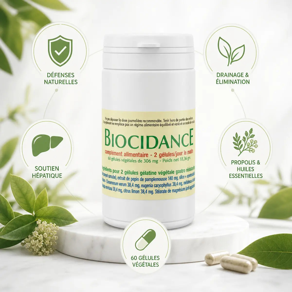 Biocidance 60 gélules Jade Recherche - flacon blanc avec bénéfices santé et propolis
