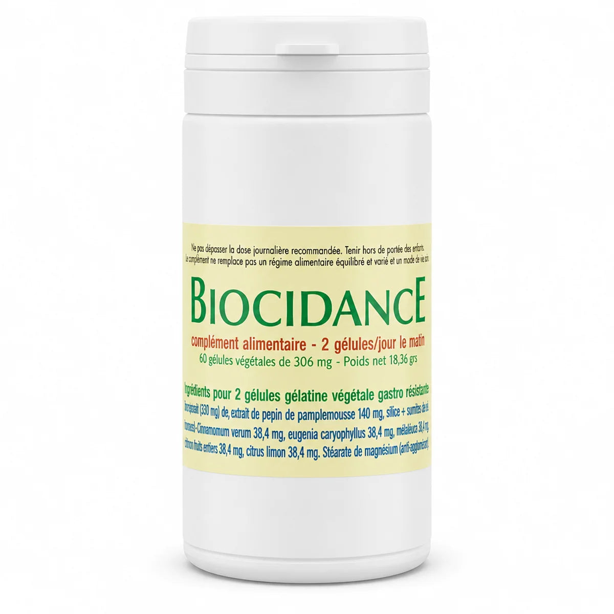 Biocidance 60 gélules végétales Jade Recherche bouteille blanche sur fond blanc
