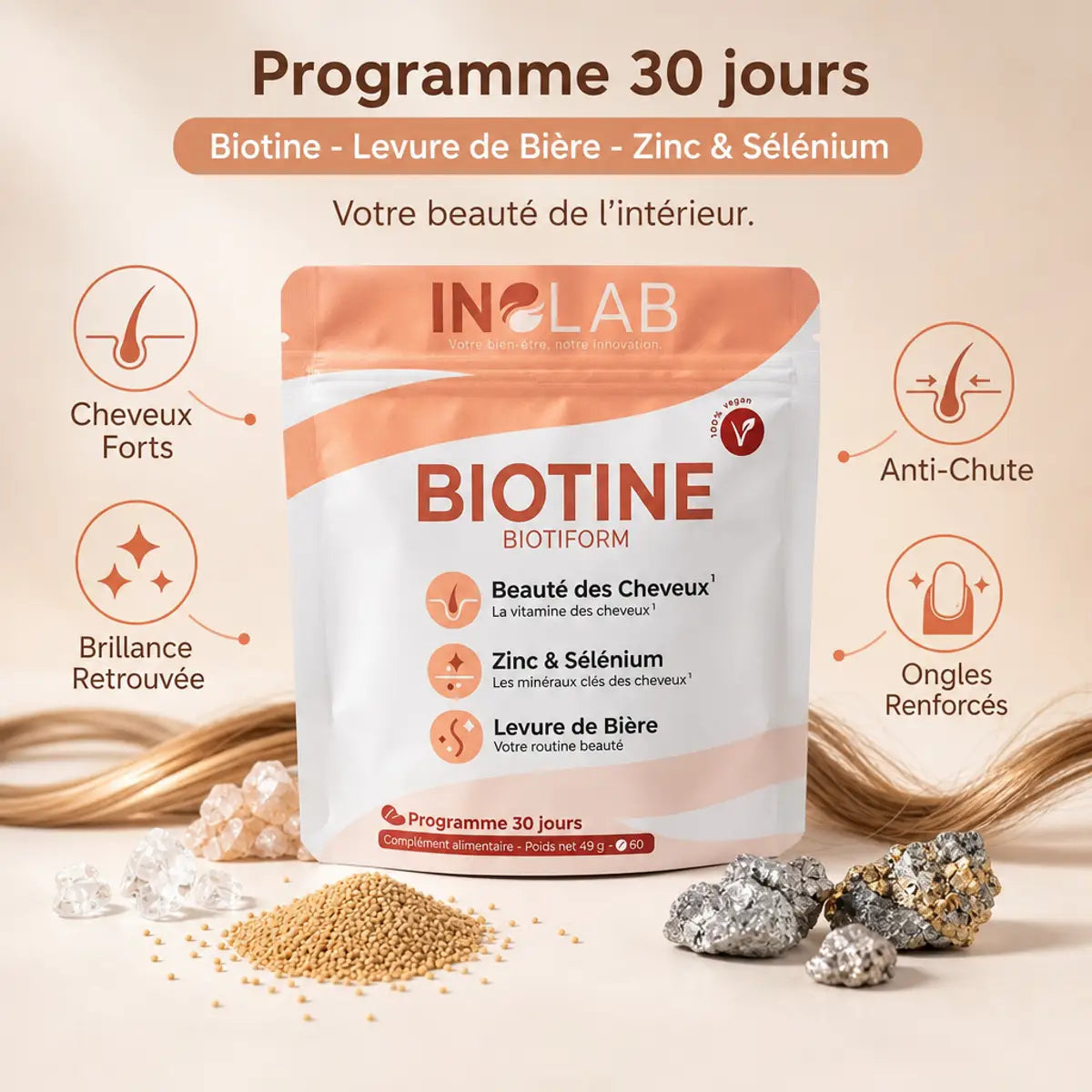 BIOTIFORM complexe cheveux biotine levure bière zinc sélénium avec bénéfices infographie