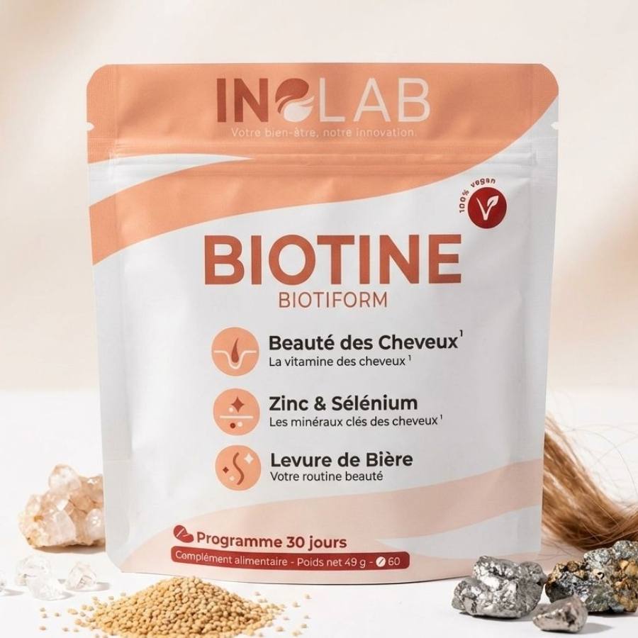 Un sachet de 60 gélules de BIOTIFORM, un Complexe cheveux comprenant Biotine, Levure de bière, Zinc & Sélénium, de la marque Inolab