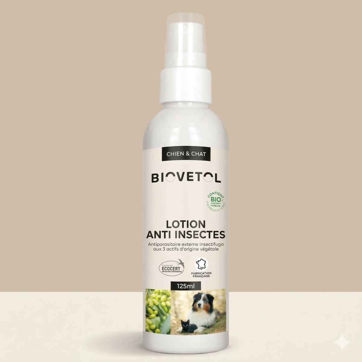 Un flacon spray de 125 ml de lotion anti insectes de la marque biovetol