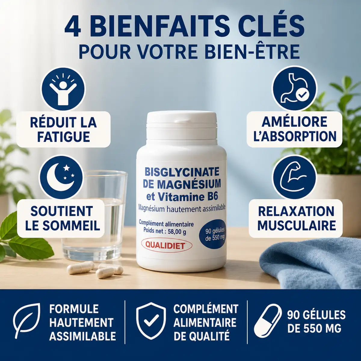 Bisglycinate de magnésium et vitamine B6 Qualidiet 90 gélules avec bénéfices santé