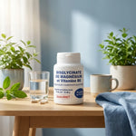 Bisglycinate de Magnésium & Vitamine B6 Qualidiet 90 gélules sur table bois avec plantes