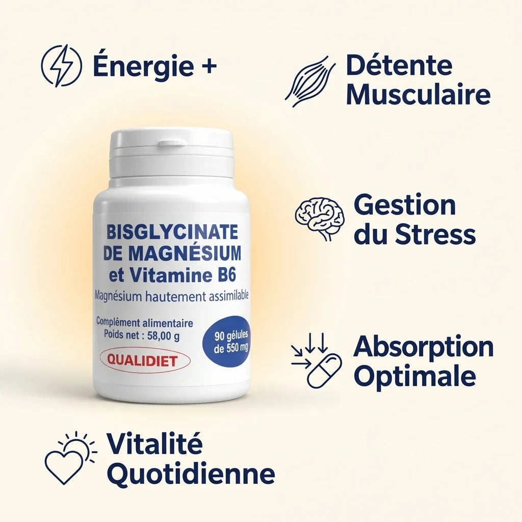 Bisglycinate de Magnésium Vitamine B6 90 gélules Vitalosmose avec bénéfices énergie détente stress