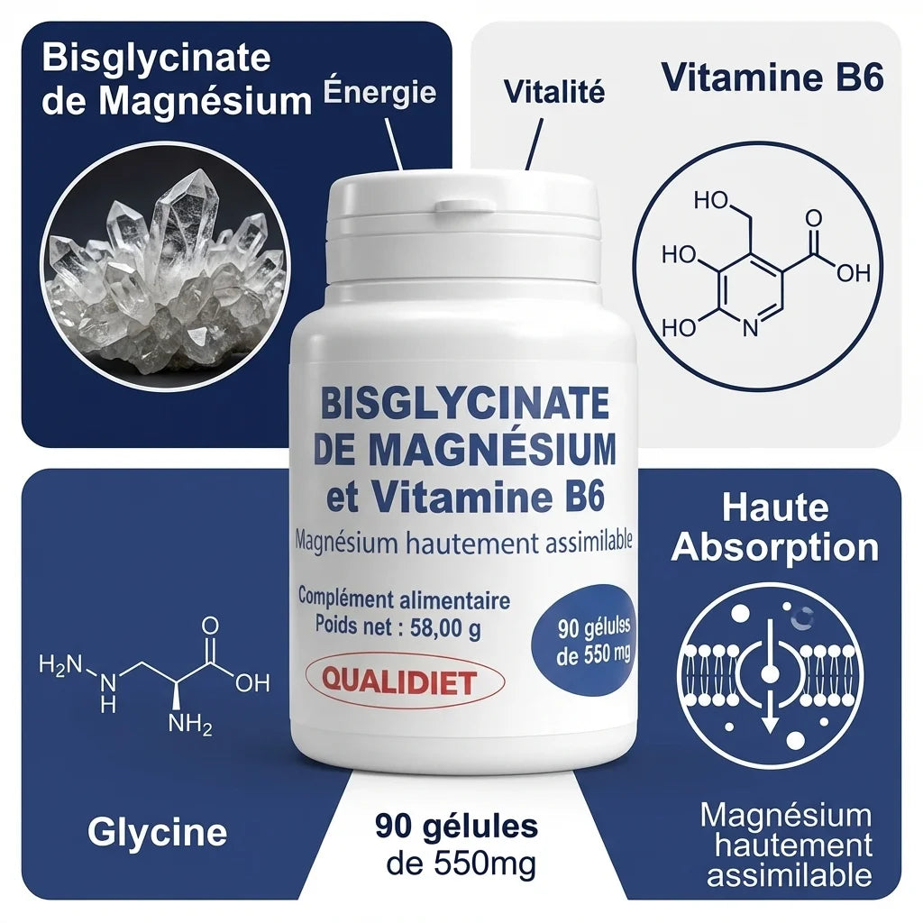 Bisglycinate de Magnésium & Vitamine B6 90 gélules - Flacon Qualidiet avec infographies ingrédients