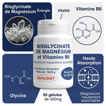 Bisglycinate de Magnésium & Vitamine B6 90 gélules - Flacon Qualidiet avec infographies ingrédients