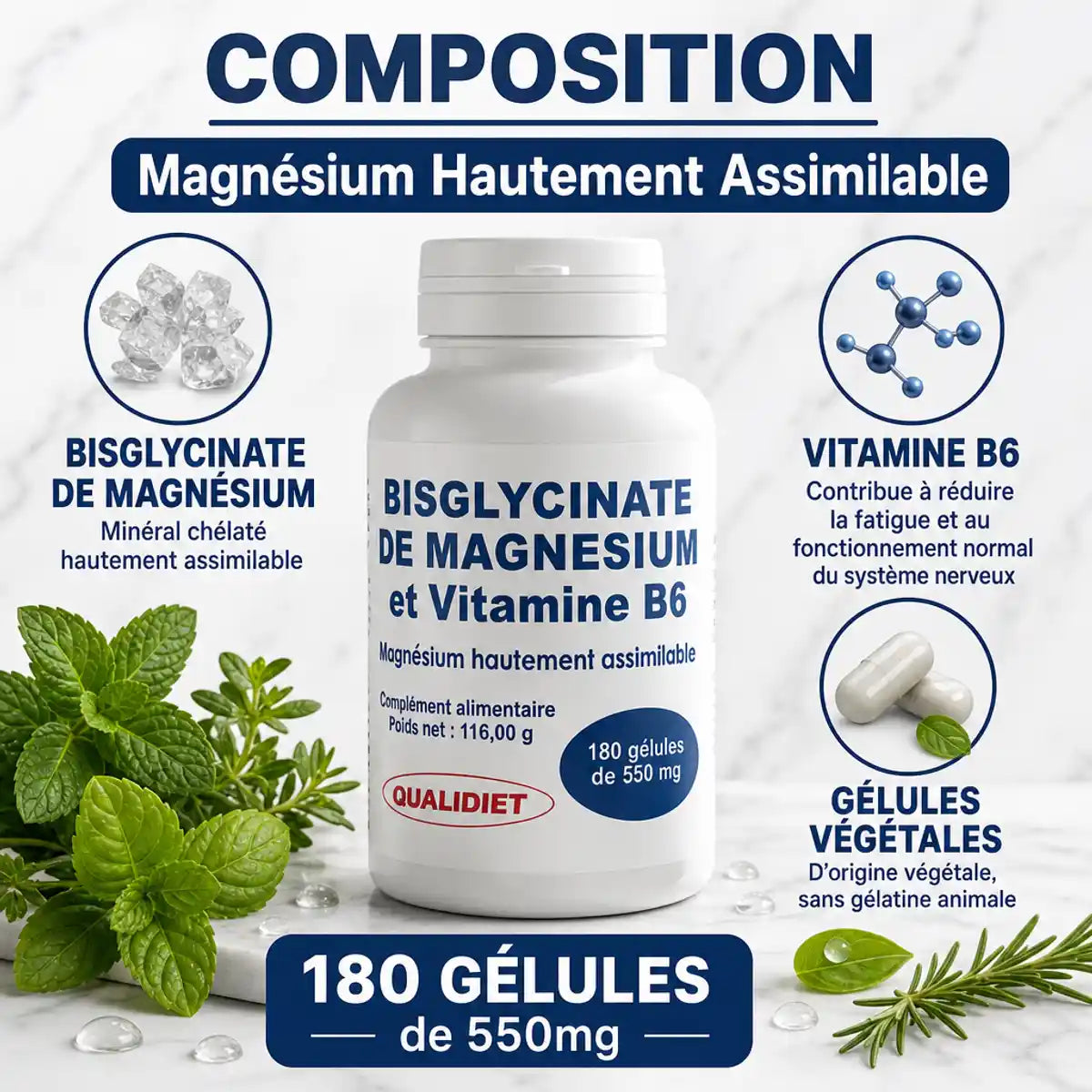 Bisglycinate de Magnésium et Vitamine B6 Qualidiet 180 gélules, infographie ingrédients