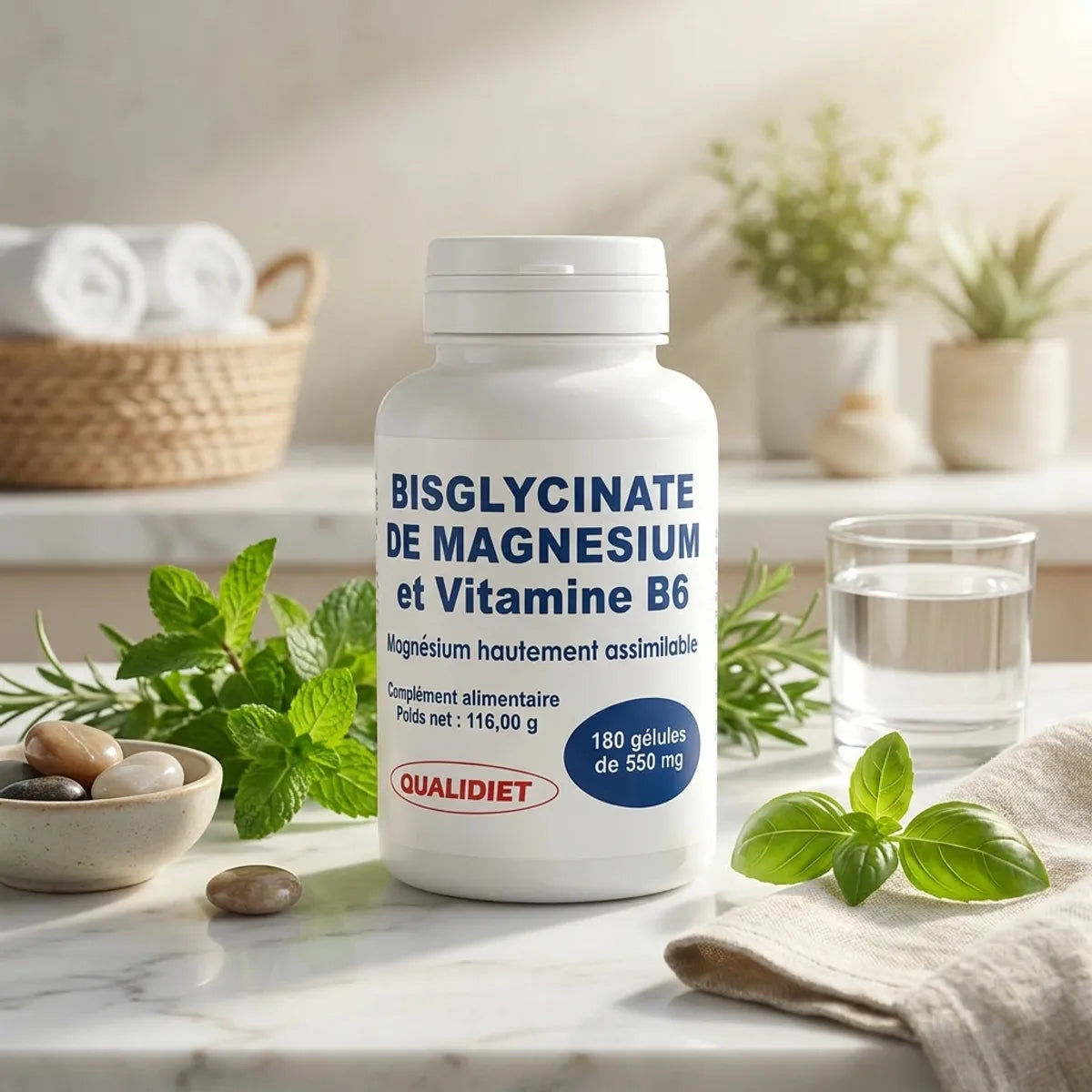 Bisglycinate de Magnésium & Vitamines B6 Qualidiet 180 gélules sur surface marbre