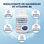 Bisglycinate de Magnésium B6 180 gélules avec icônes bénéfices : énergie, sommeil, muscles, immunité, sérénité