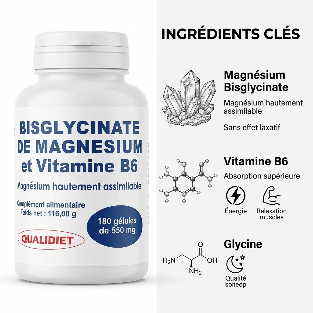 Vitalosmose Bisglycinate de Magnésium B6 180 gélules avec infographie ingrédients et bénéfices