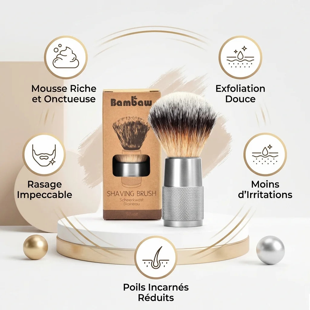 Blaireau argenté Bambaw avec bénéfices rasage : mousse riche, exfoliation douce, moins d'irritations