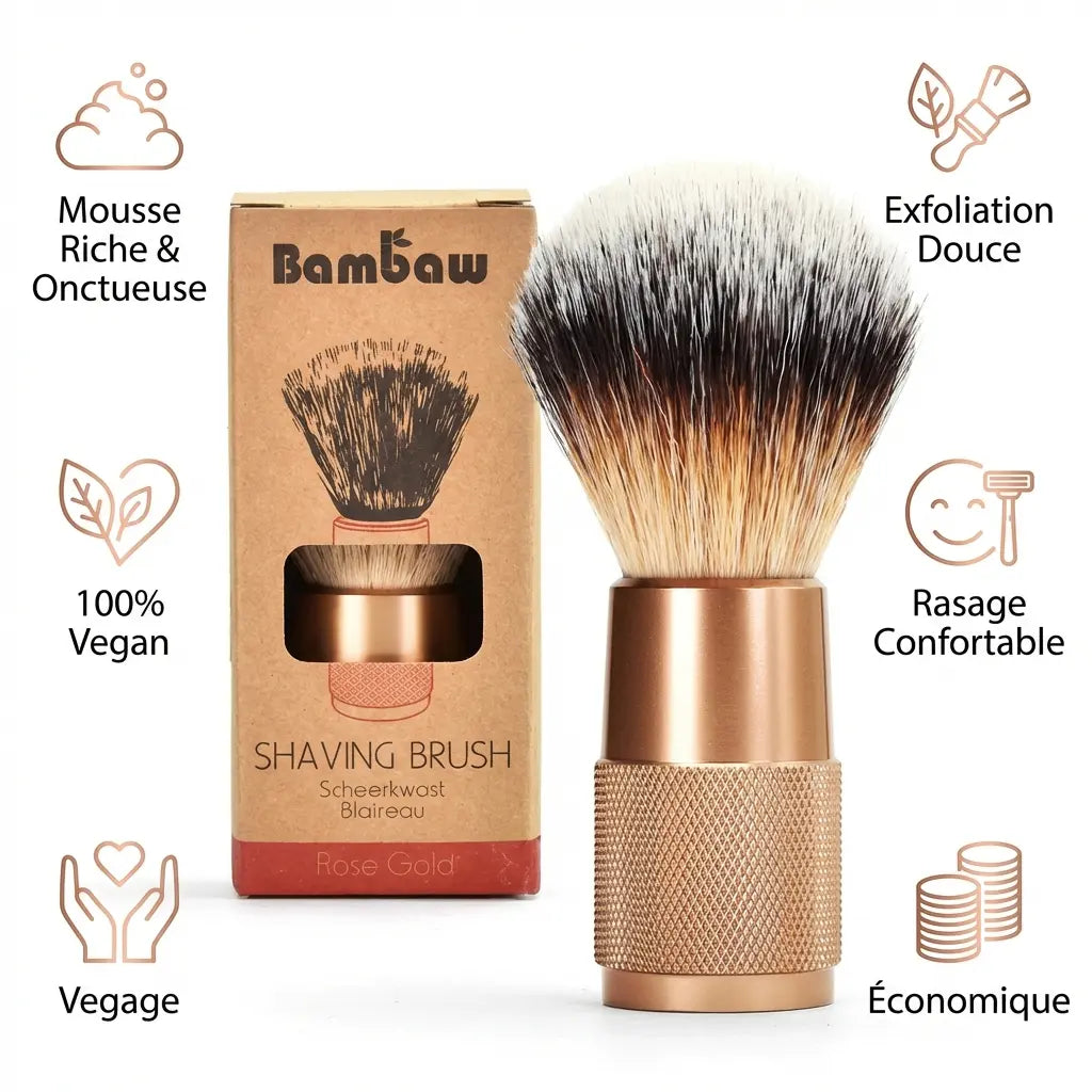 Blaireau rasage Bambaw rose gold avec bénéfices : mousse riche, exfoliation douce, 100% vegan