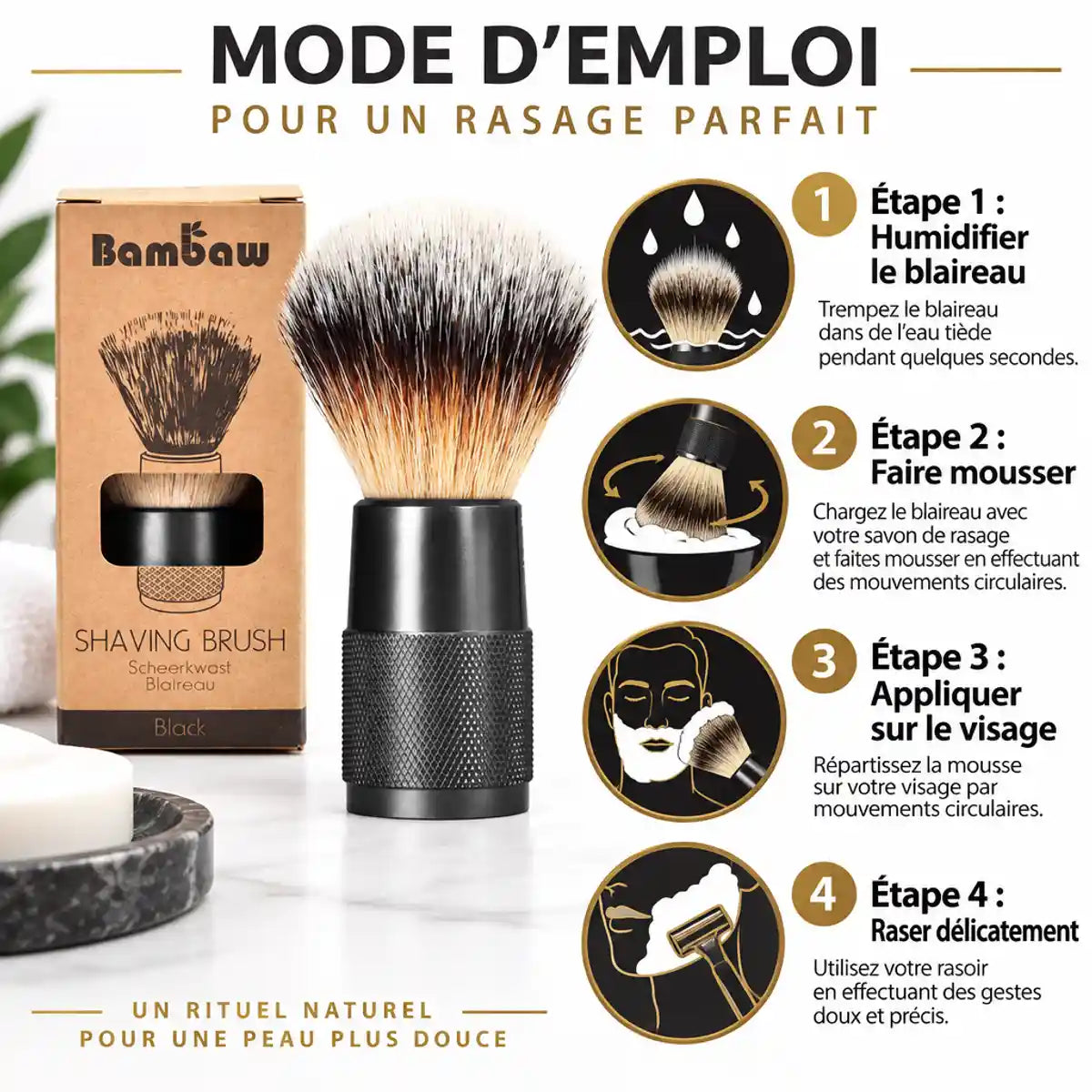 Blaireau noir Bambaw guide d'utilisation rasage 4 étapes packaging kraft
