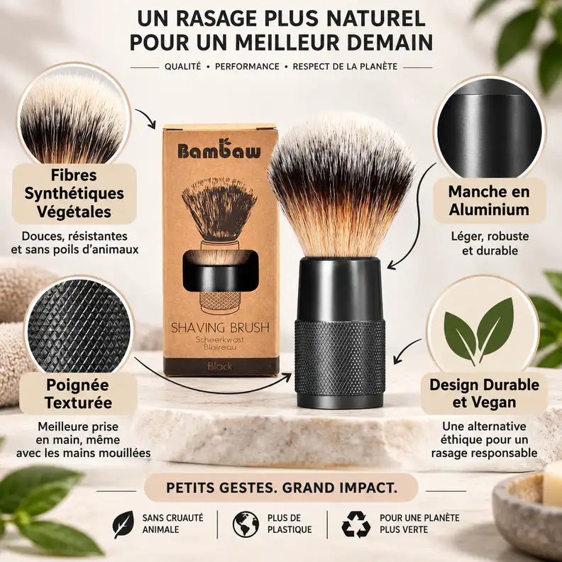 Blaireau noir Bambaw avec fibres synthétiques, manche aluminium et design vegan durable