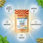 Boisson instantanée Blue Mind Sol Semilla avec infographies des bénéfits : clarté mentale, énergie, immunité, concentration et vitalité