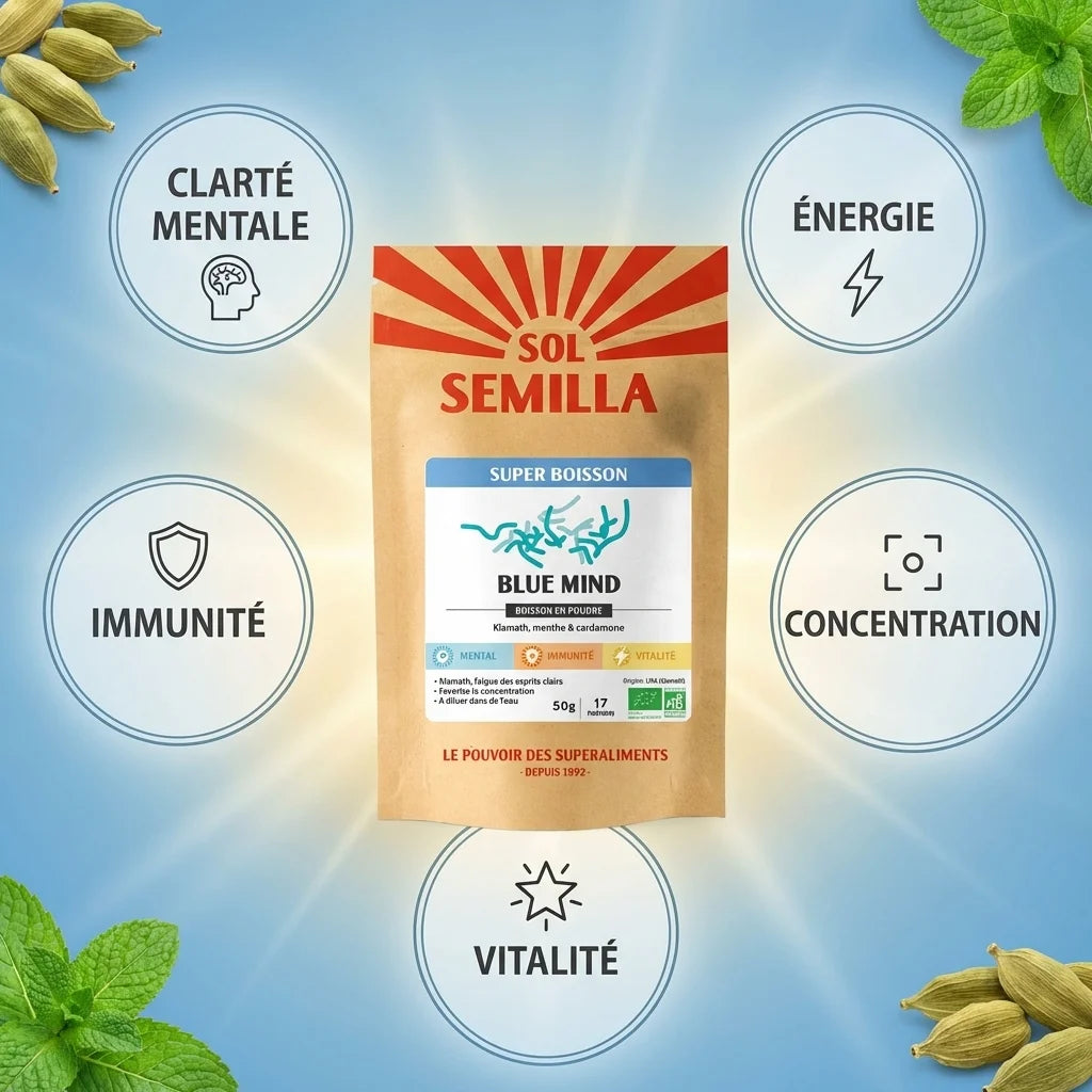 Boisson instantanée Blue Mind Sol Semilla avec infographies des bénéfits : clarté mentale, énergie, immunité, concentration et vitalité