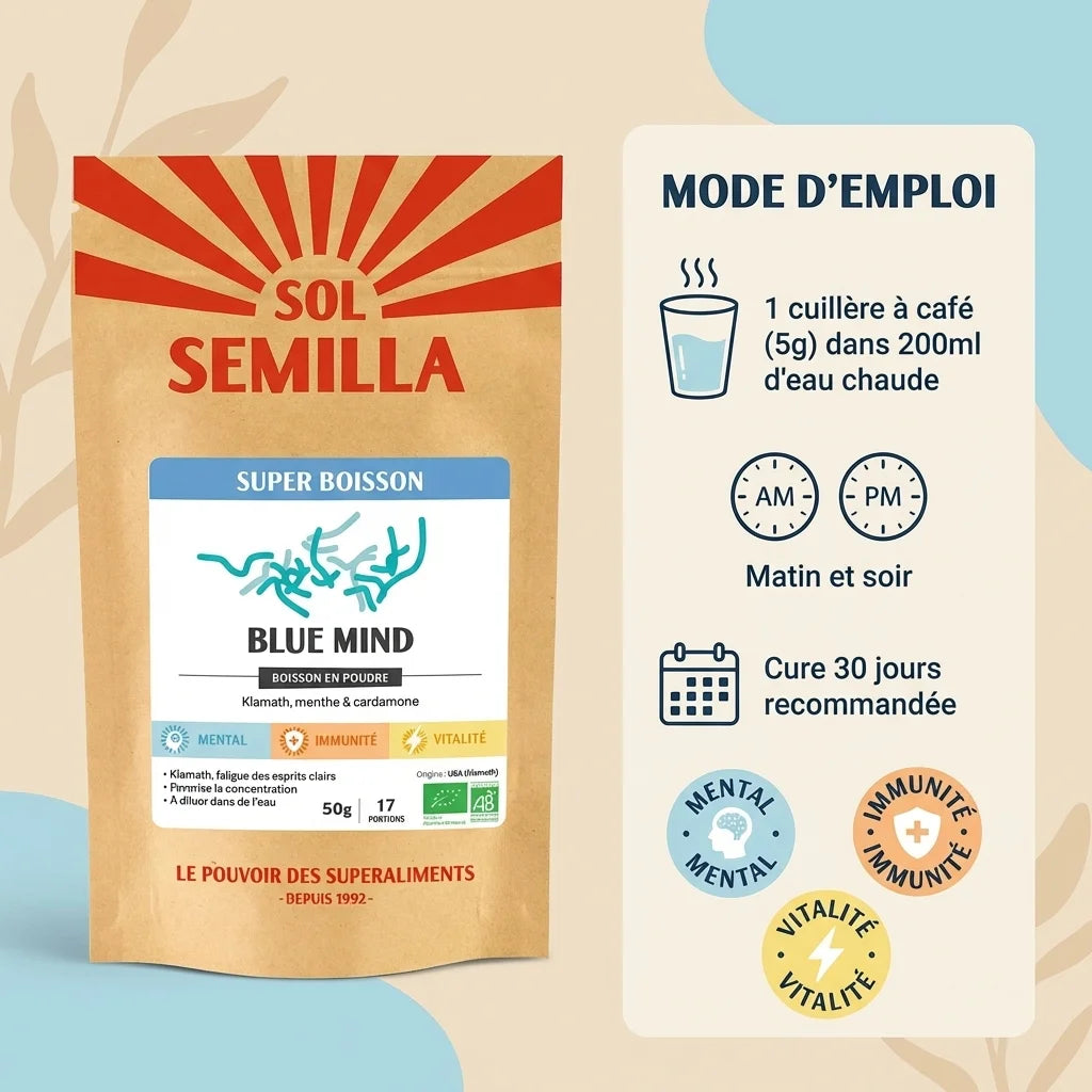 Bleu Comme Toi boisson instantanée bio Sol Semilla 50g avec guide posologie et bénéfices santé