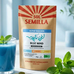 Boisson instantanée bio Bleu Comme Toi Sol Semilla avec verre bleu, menthe et cardamome