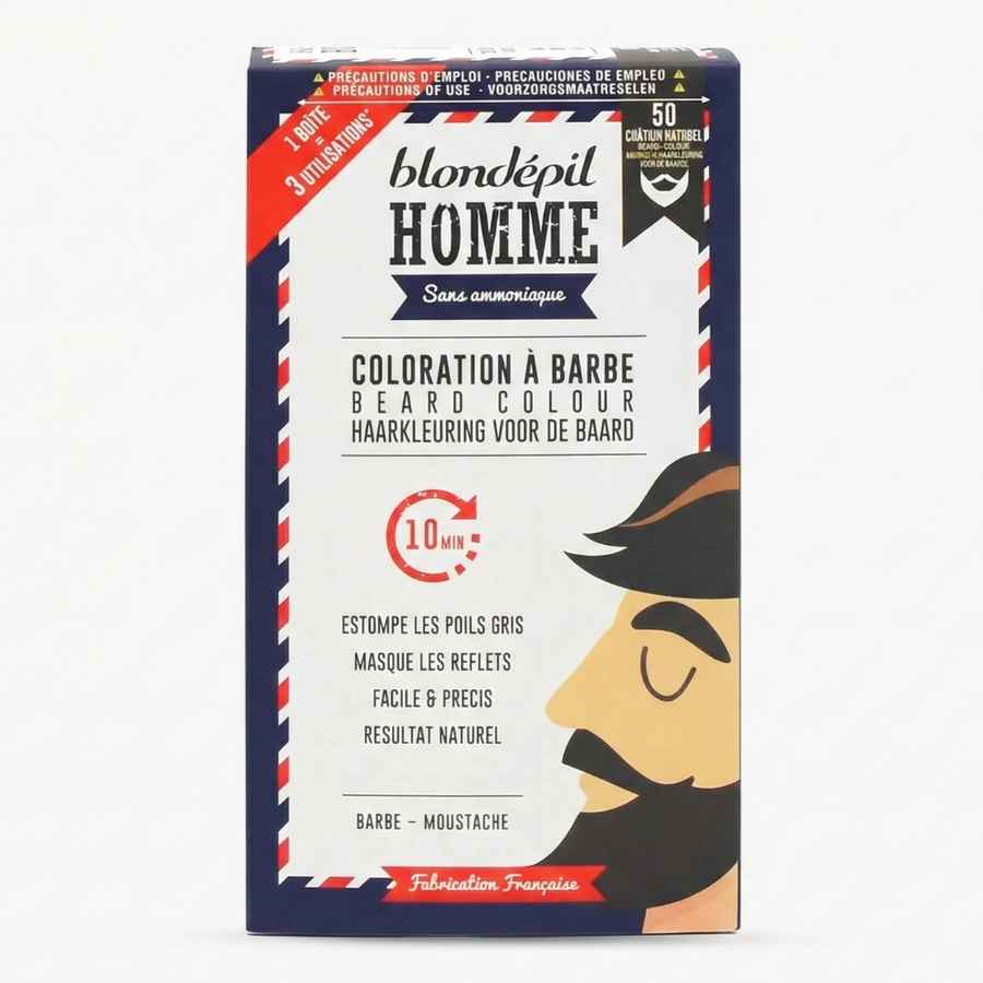 Une boîte de coloration pour barbe de la marque Blondépil homme teinte 50 Châtain clair
