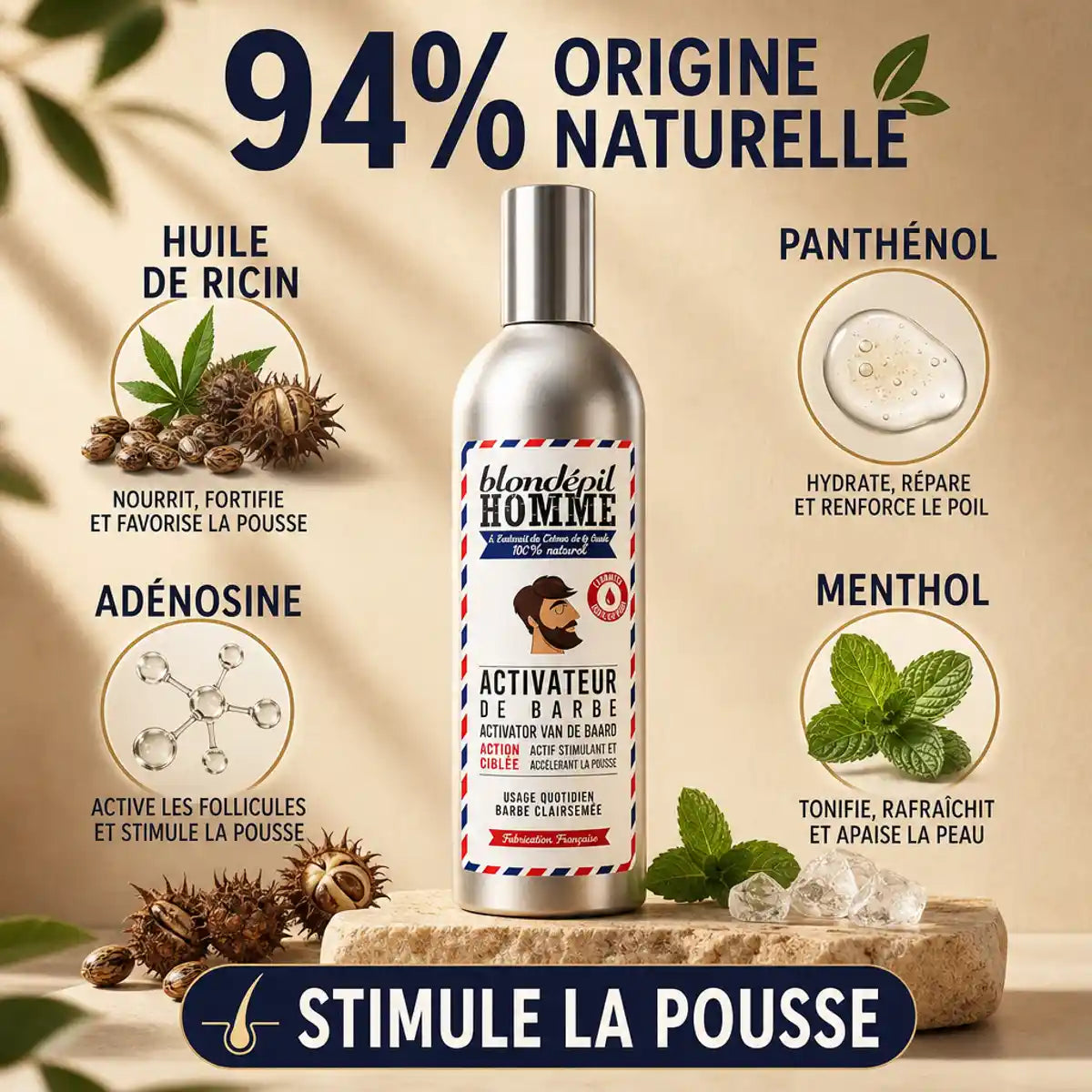 Blondépil Homme Activateur de Barbe avec ingrédients naturels : huile de ricin, panthénol et adénosine