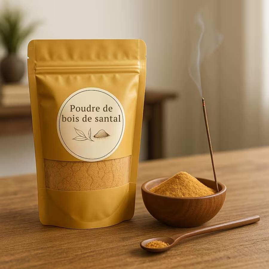 Bois de Santal en poudre sur une table en bois