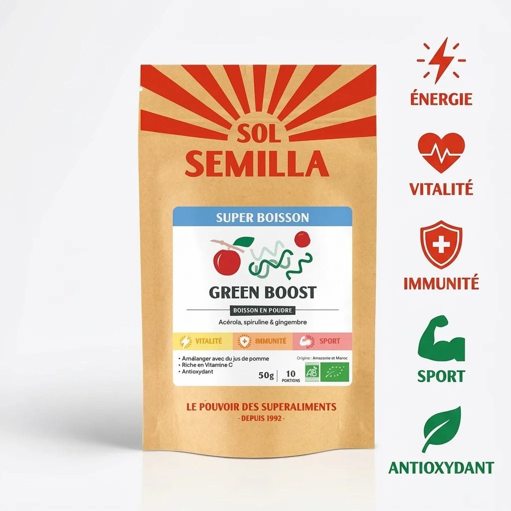 Green Boost Bio 50g Sol Semilla - Spiruline, Acérola et Gingembre avec infographie des bénéfits santé