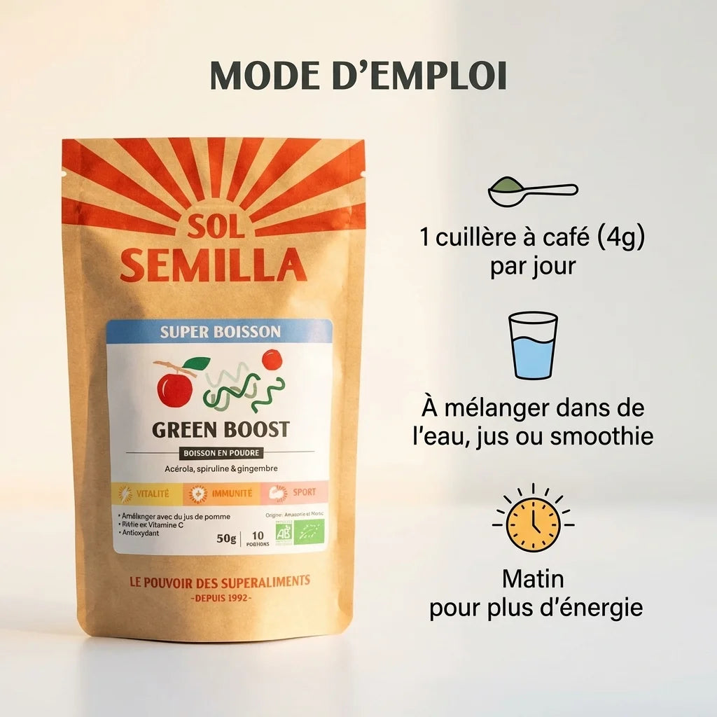 Poudre Green Boost Bio Sol Semilla 50g spiruline acérola gingembre avec mode d'emploi