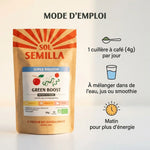 Poudre Green Boost Bio Sol Semilla 50g spiruline acérola gingembre avec mode d'emploi