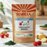 Poudre Green Boost Bio Sol Semilla avec spiruline, acérola et gingembre sur surface marbre
