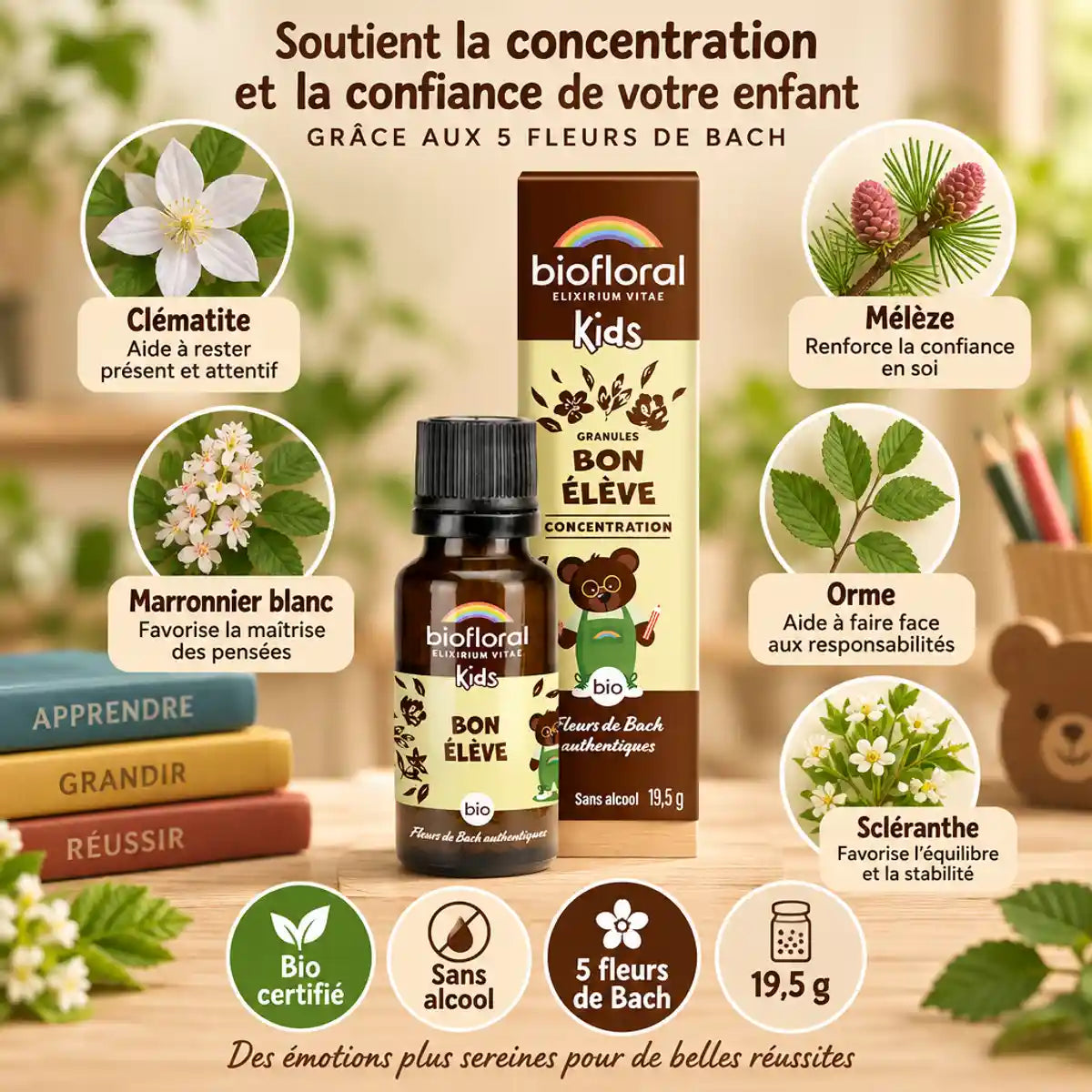 Granules Bon Élève Bio Biofloral 19,5g avec 5 fleurs de Bach pour enfants, sans alcool
