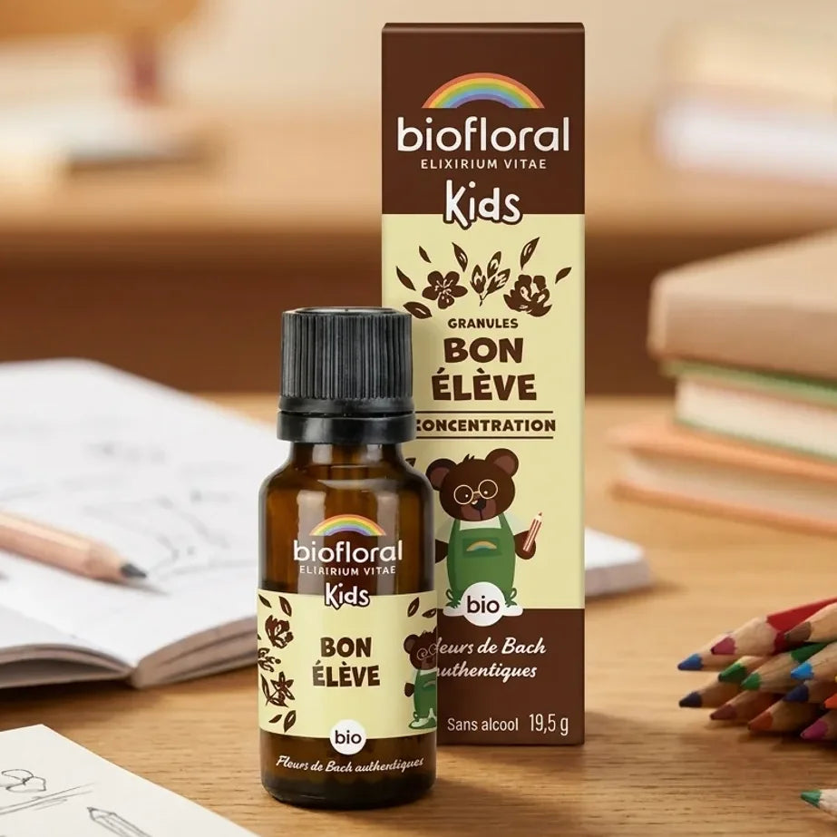 Granules Bon élève Biofloral 19,5g enfants avec fournitures scolaires sur bureau