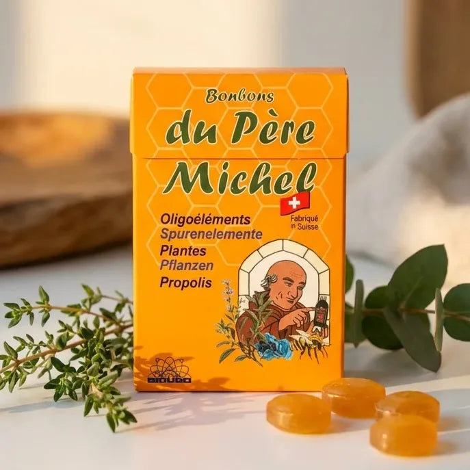 Bonbons du Père Michel 135g Bioligo - boîte orange avec pastilles ambrées et herbes naturelles