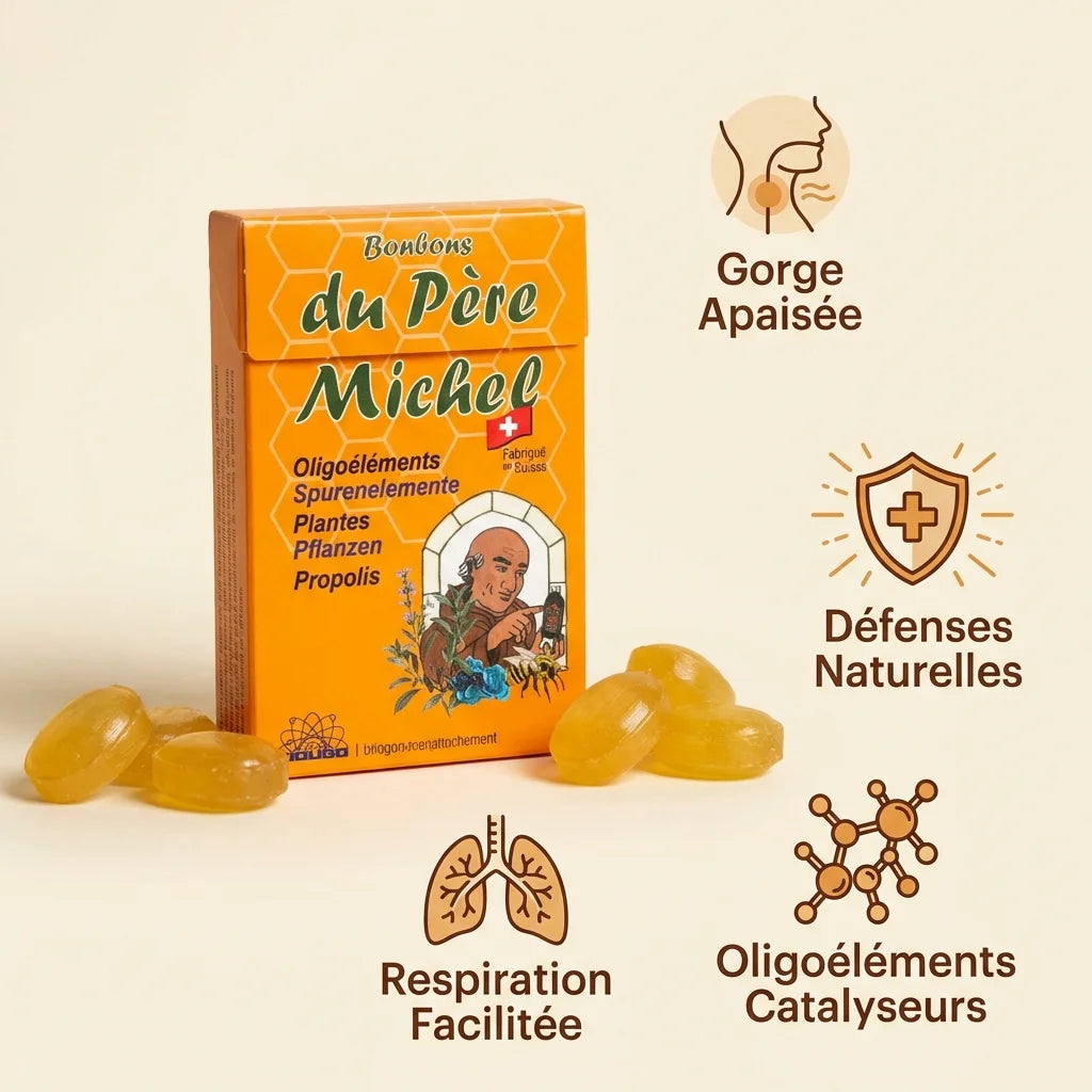 Bonbons du Père Michel 70g Bioligo avec bénéfices gorge apaisée, défenses naturelles et respiration facilitée