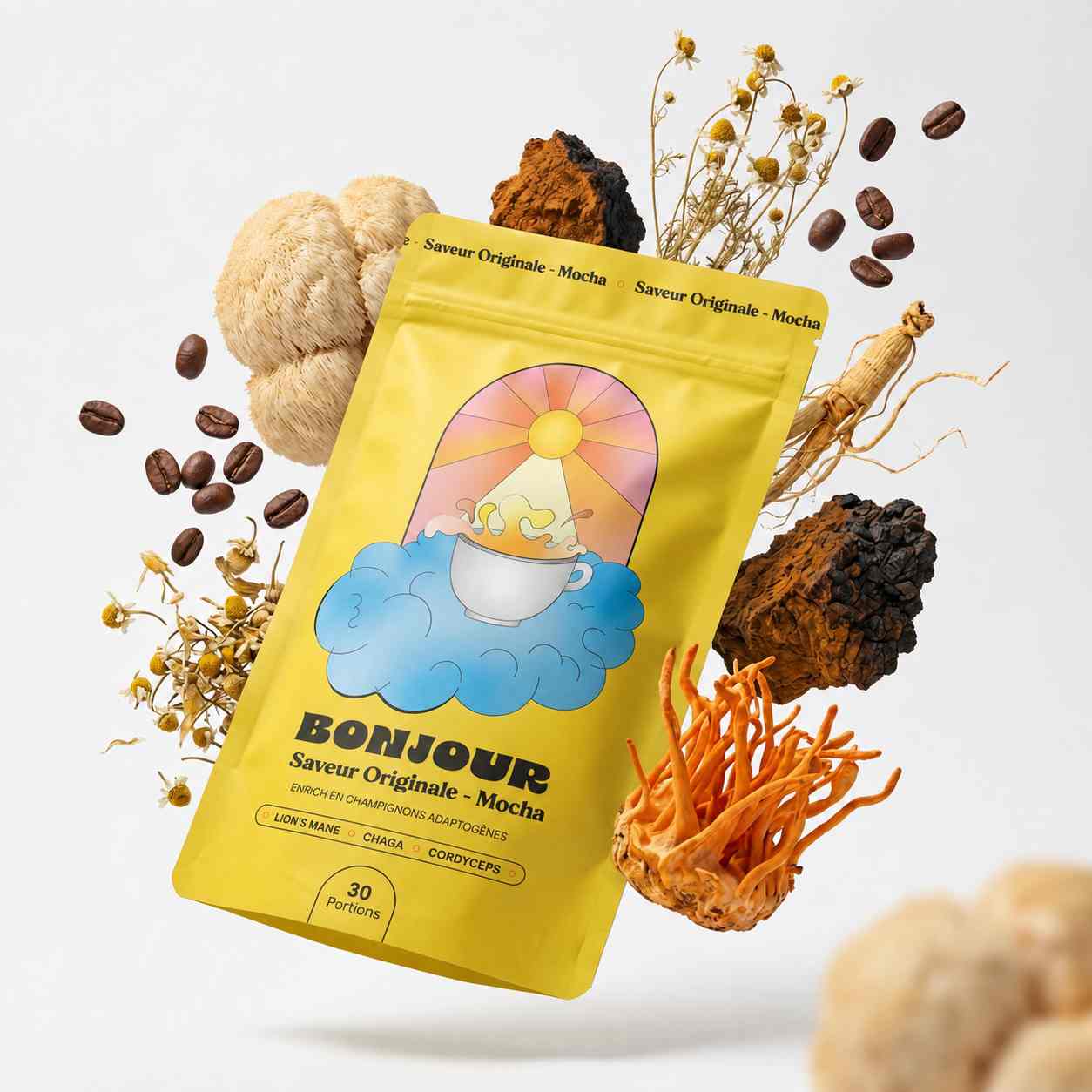 Bonjour Drink café aux champignons adaptogènes saveur originale mocha avec ingrédients naturels visibles