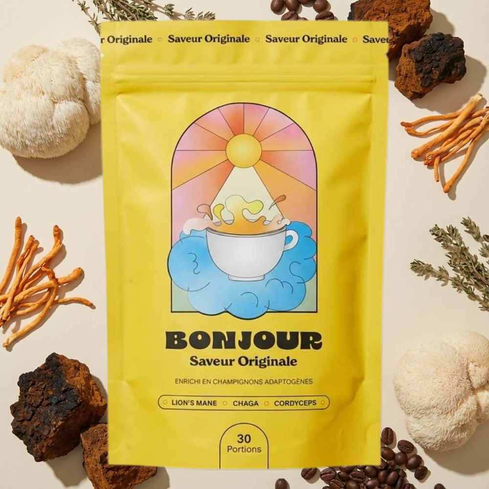 Bonjour Drink café aux champignons adaptogènes saveur originale avec ingrédients naturels visibles