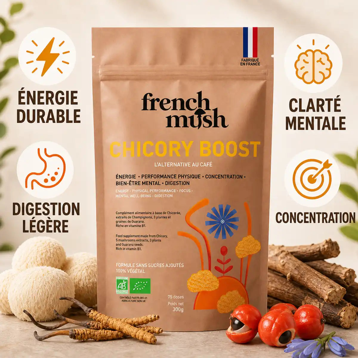 Café champignons BOOST French Mush avec bénéfices énergie, clarté mentale et concentration