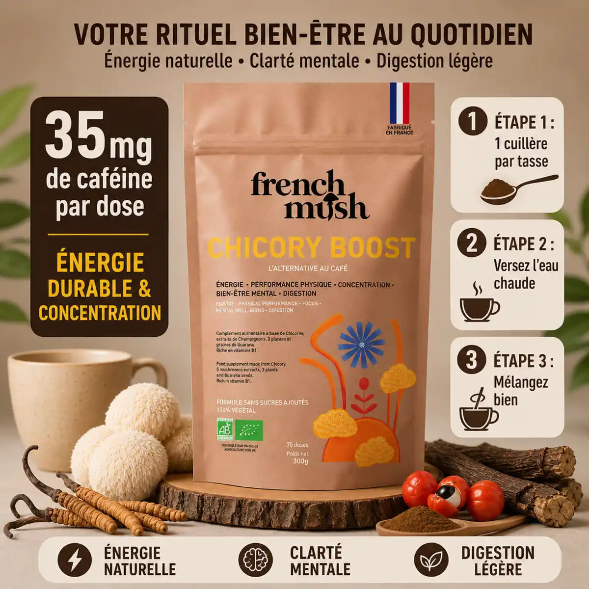 BOOST café champignons adaptogènes 60 doses French Mush avec instructions de préparation et dosage caféine