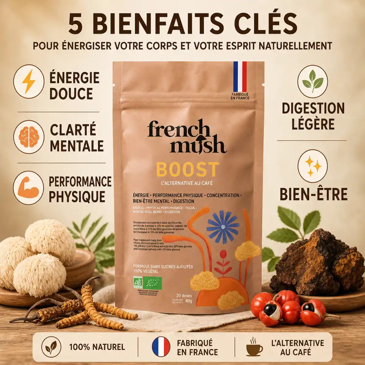 BOOST French Mush café champignons adaptogènes avec bénéfices santé énergie et clarté mentale